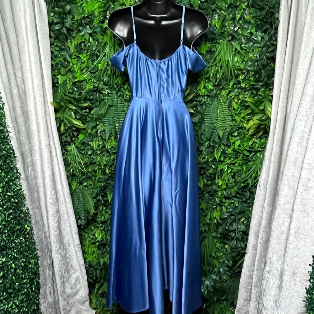 Windsor Satin Off-Shoulder Prom Gown in Blue - Picture 7 of 8